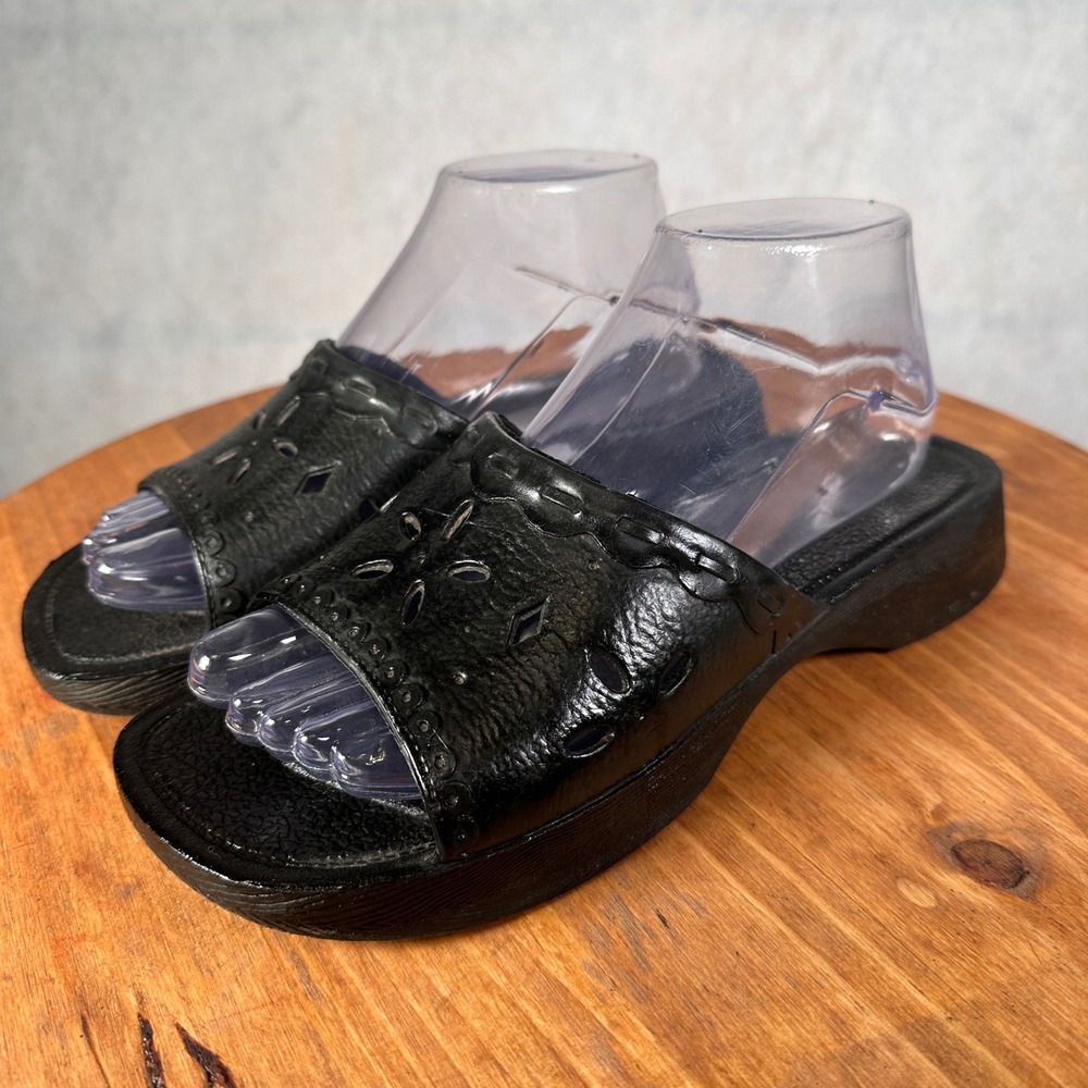 Peggy Platform Slide Sandals Women 7 Black Good Leather Floral Cutout Wedge